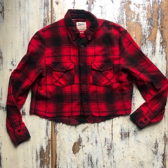 TNA Wool Boyfriend Fit Red Black Plaid Shirt Cropped XXS EUC - Picture 2 of 6